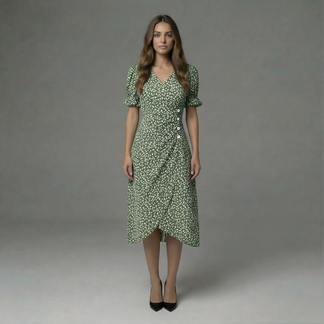 Women’s Floral Wrap Midi Dress with Short Sleeves