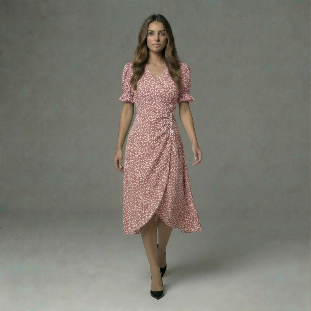Women’s Floral Wrap Midi Dress with Short Sleeves
