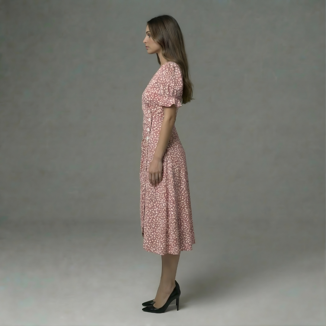 Women’s Floral Wrap Midi Dress with Short Sleeves