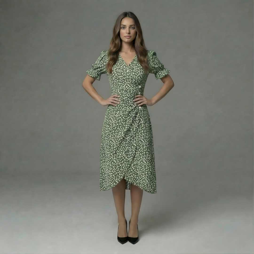 Women’s Floral Wrap Midi Dress with Short Sleeves
