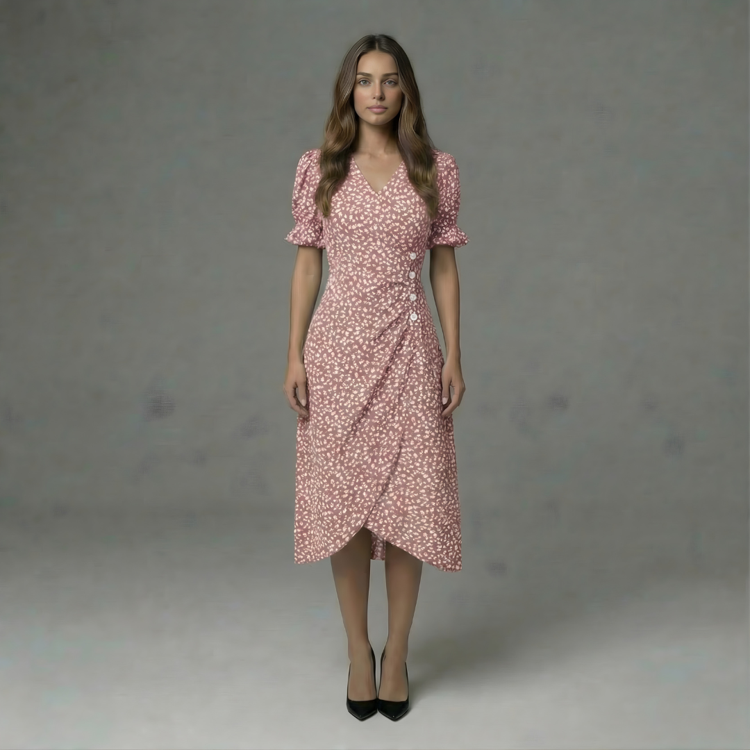 Women’s Floral Wrap Midi Dress with Short Sleeves